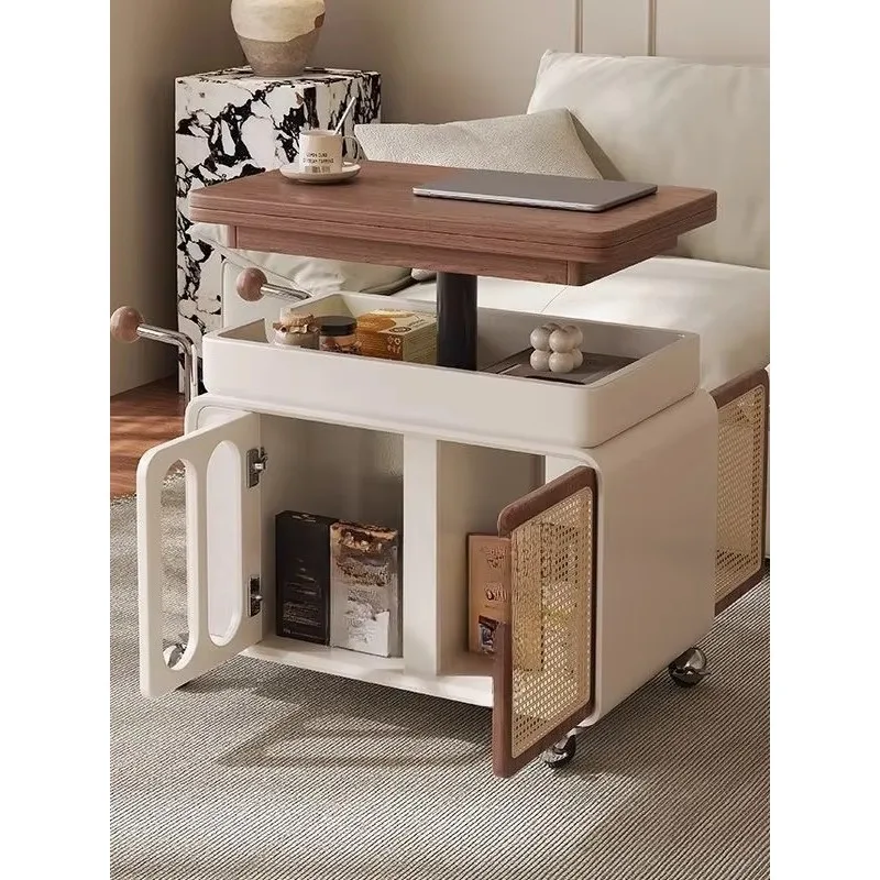 

Solid wood folding edge small apartment household tea ta ble sofa side cabinet living room liftable mobile cart