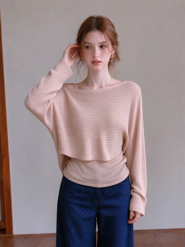 Loose Long Sleeve Knitted Sweater Women's Style Casual Bore Shoulder Top Two-Piece Set Pink Hollow out Knitwear for Autumn