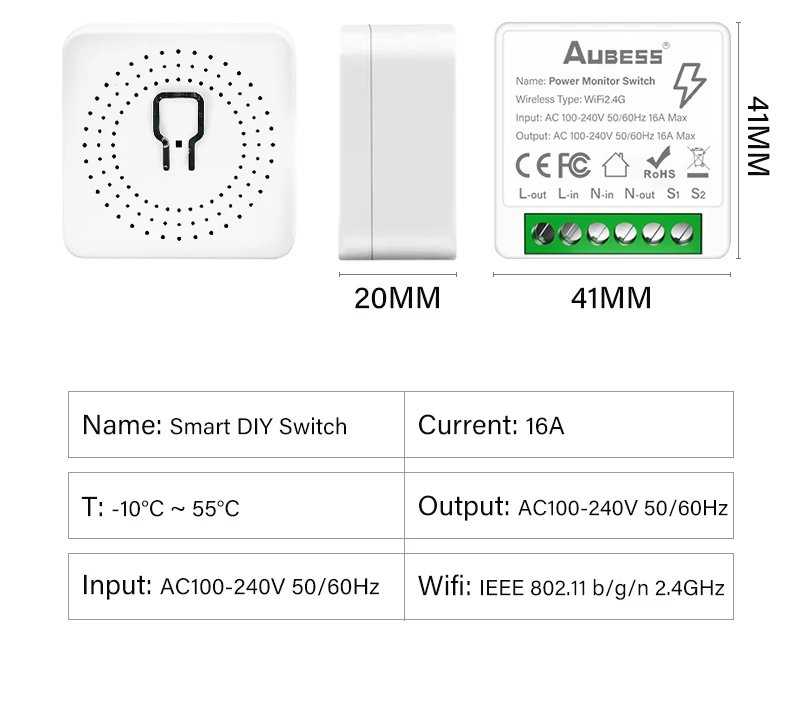 16A Tuya WIFI Smart Switch 2 Way Control Mini DIY Light Switches Smart Home Works with Tuya Smart Life Alexa Alice Google Home