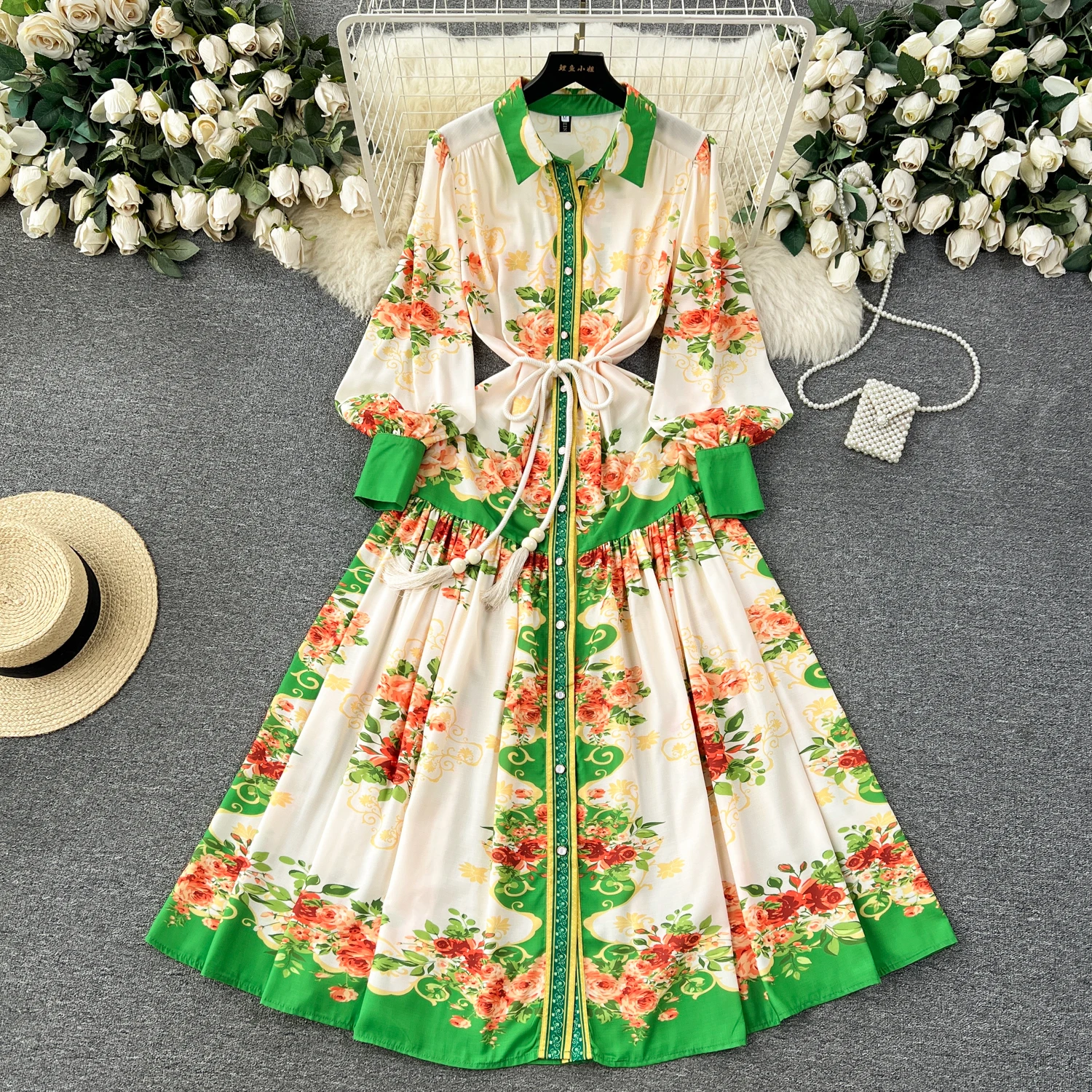 

Vintage Elegant Lace Up Lapel Long Sleeve Print Dress A-line Fashion Chiffon Spring Summer Vestidos Women Dresses