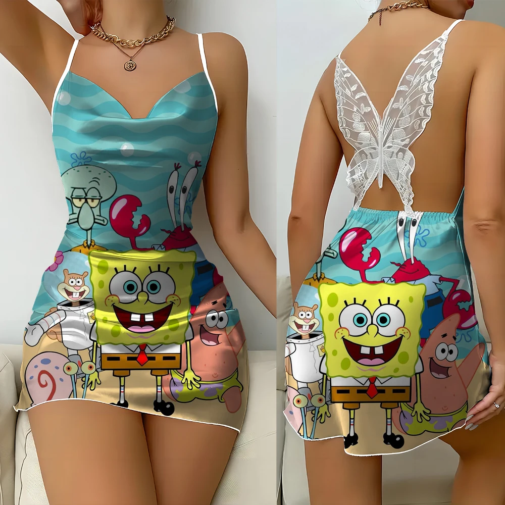 

Suspender V-neck lace backless sexy short nightdress fashion trend party ladies dress printed SpongeBob nightdress