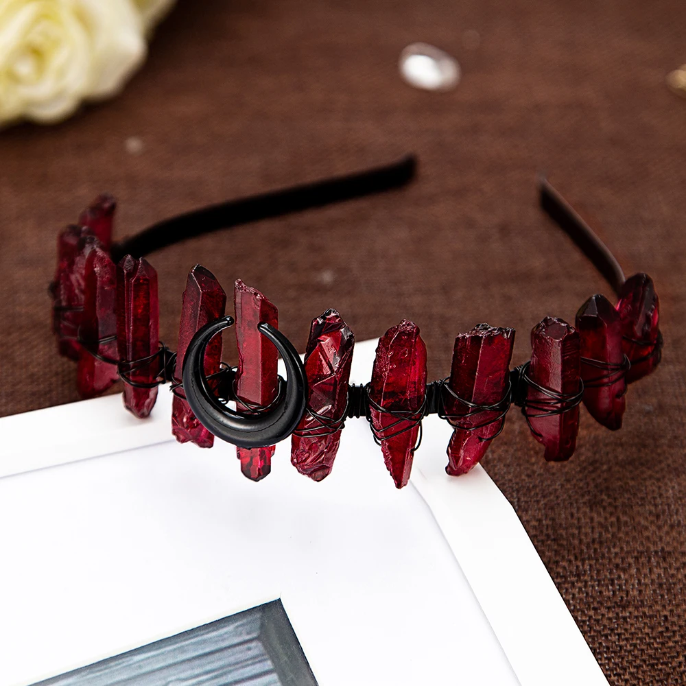 Natural White Crystal Plated Red Color Tiaras Woman Black Moon Crown Hair Accessories Bride Headband Handmade Jewelry Headwear