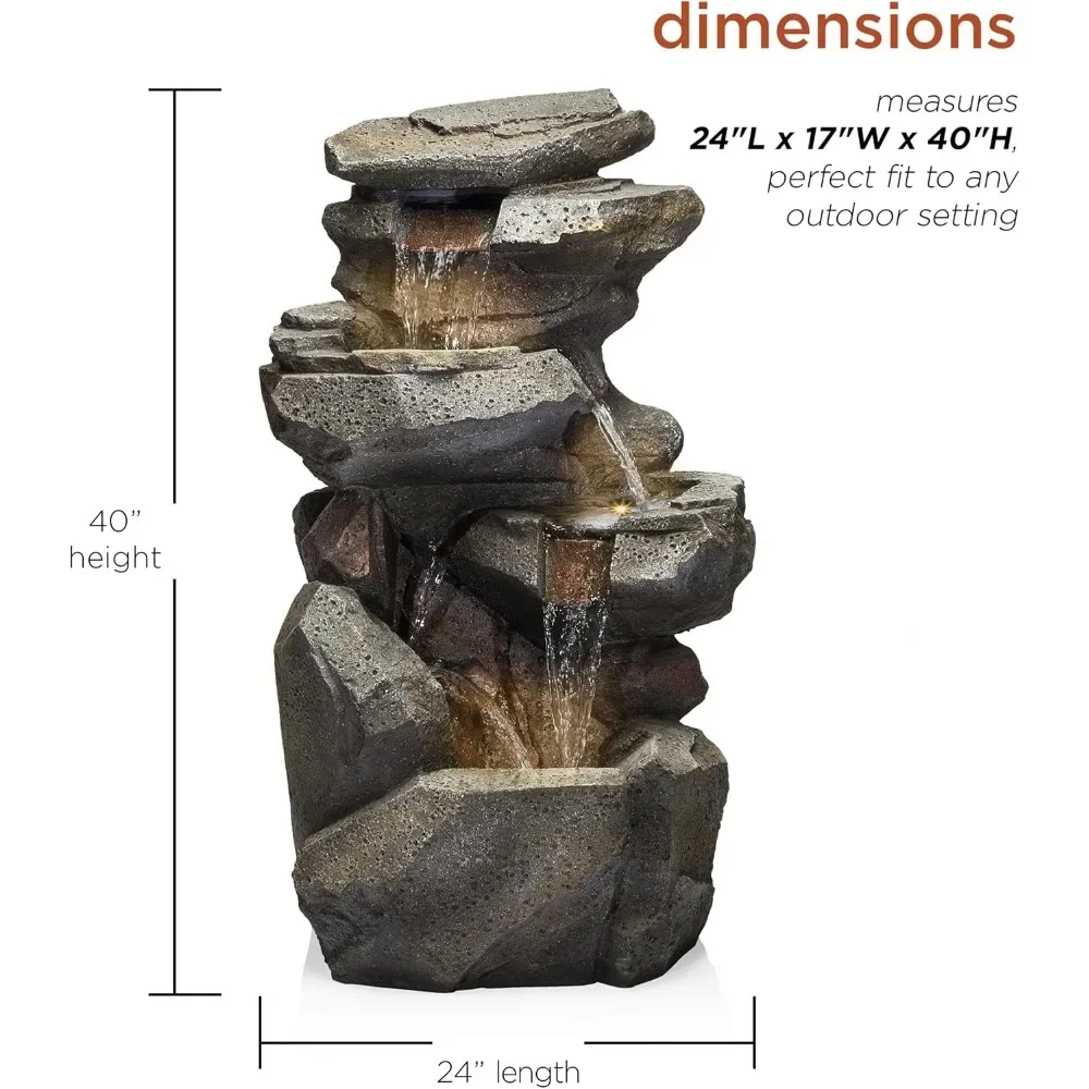 WIN1184 Outdoor Floor 5-Tiered Rock Waterfall Fountain with LED Lights with Natural Stone Look, 40