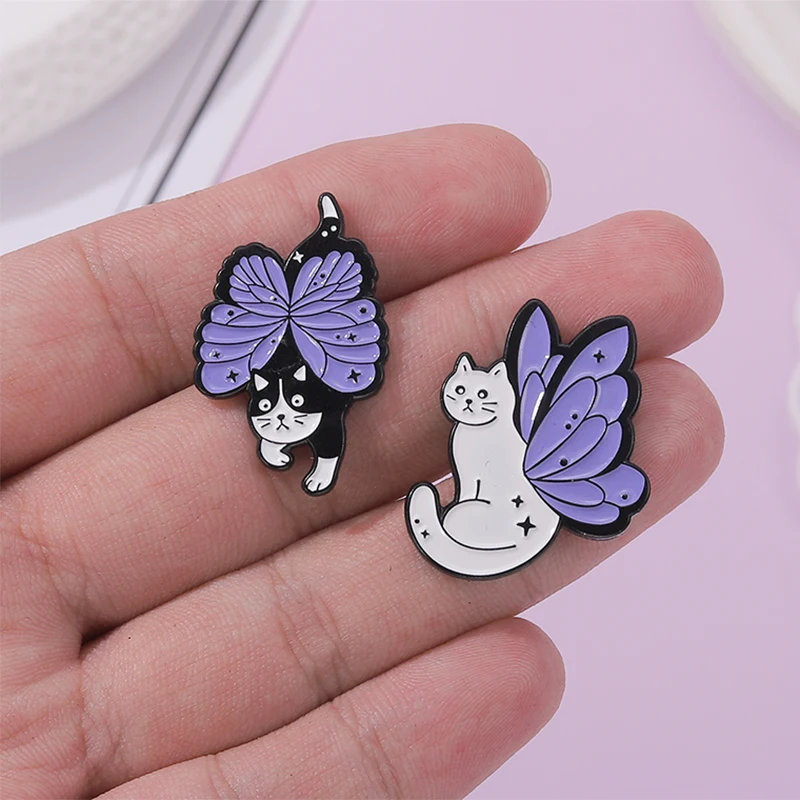 Purple Butterfly Cats Enamel Pins Custom Witchcat Brooches Insect Lapel Badges Animal Jewelry Gift for Kids Friends