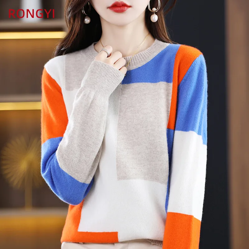 RONGYI 100% Merino Wool Women\'s O-Neck Colorblock Autumn Winter Pullover Cashmere Warm Long Sleeve High Quality Top JS022