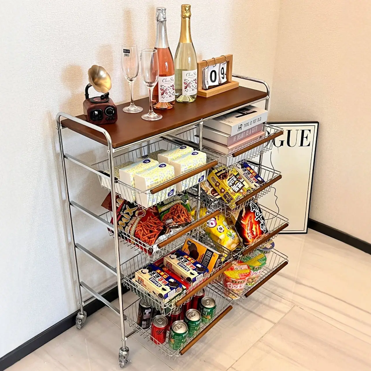 

Medieval style storage trolley, shelf under table, movable living room snack cart side table, coffee table storage shelf