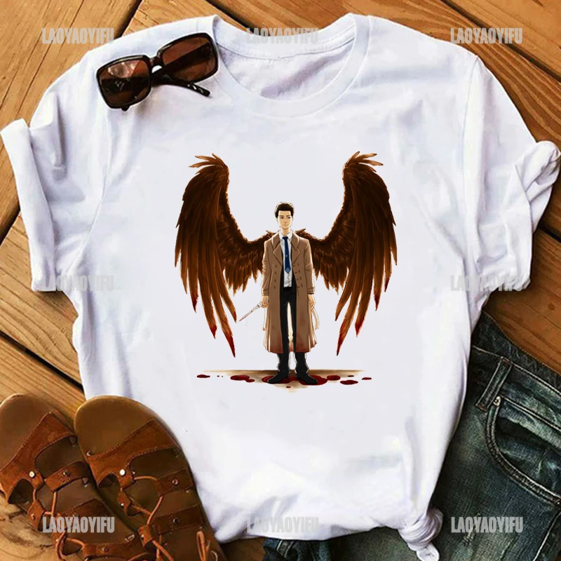 Vintage Women T-shirt Carry on My Wayward Son Angel Wings Car Print   Summer Top Graphic Unisex Shirt