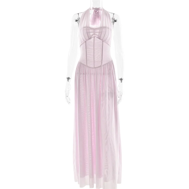 Vestido de noche plisado con cuello Halter para mujer, falda grande sin mangas con dobladillo, vestido ajustado rosa y blanco, falda de fiesta, novedad en oferta