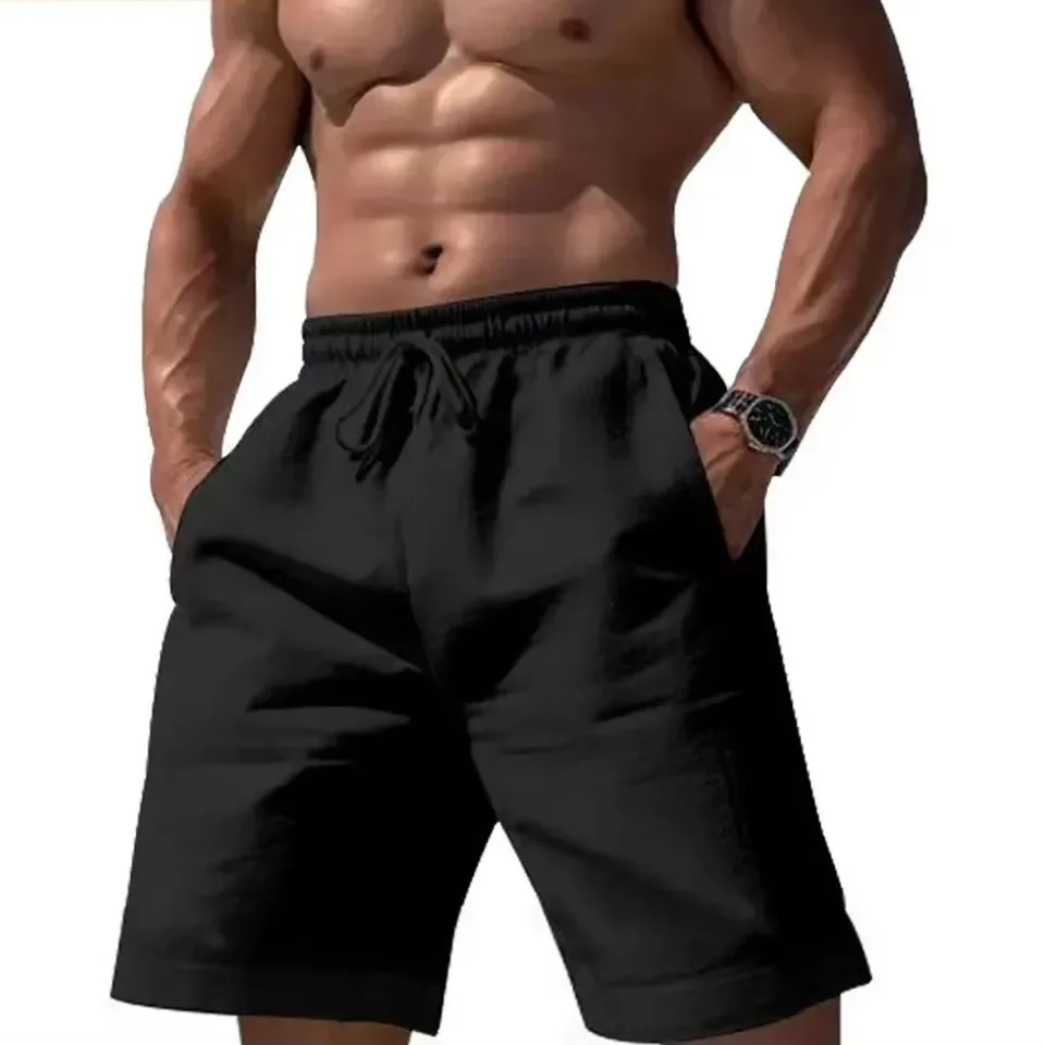 

Summer Casual Men'S Shorts Cotton Blended Elastic Waist Pocket Drawstring 3/4 Length Shorts Daily Street Loose Long Shorts White