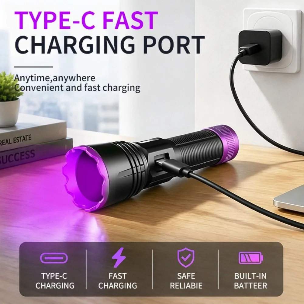 Rechargeable 365nm UV Flashlight Portable Black Light LED Torch for Resin Curing Pet Urine Detection Fishing