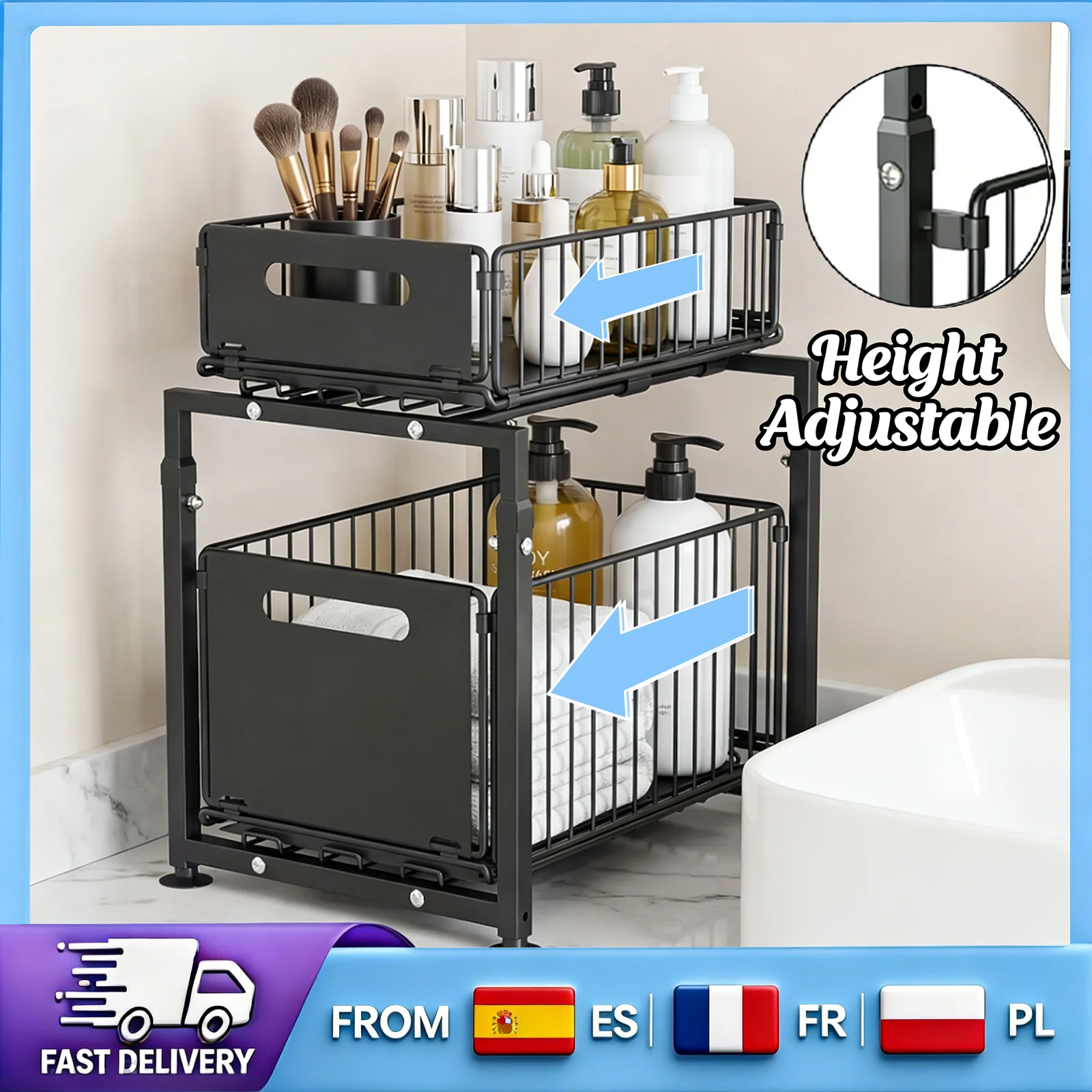 Organisateur sous évier à 2 niveaux, tiroir de rangement coulissant double couche en acier carbone réglable en hauteur pour cuisine et salle de bain
