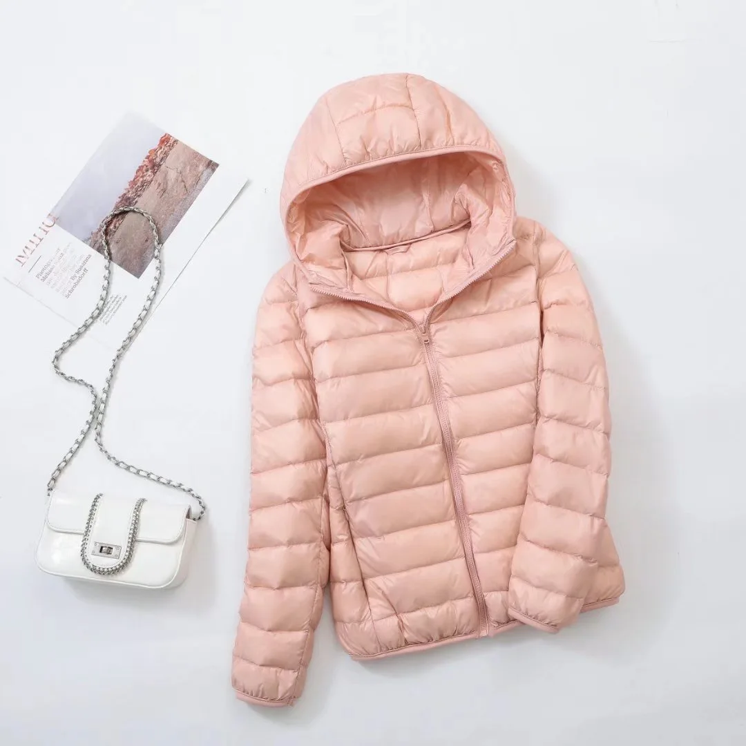 Women's Lightweight Casual Hooded Down Jacket Autumn Winter Minimalist Short Down Coats Female Solid Color Zipper Warm Outerwear