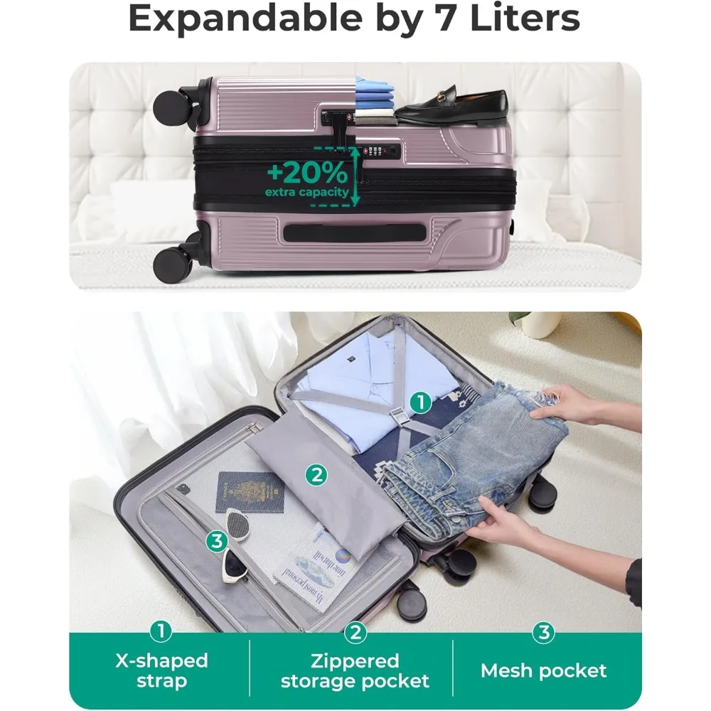 Tas Koper Spinner Hardside 20 Inci yang Dapat Diperluas, Koper Kabin yang Disetujui Maskapai dengan Roda untuk Perjalanan