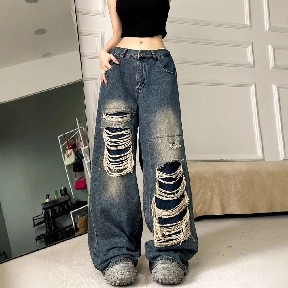 Ripped Flared High Stretchy Jeans Streetwear Straight Ripped Pants Loose Wide Leg Pants Jeans Summer Street Wide Leg Retro Jean