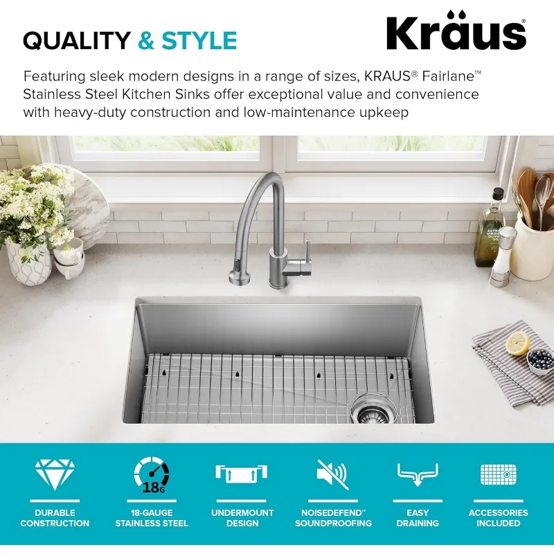 KRAUS Fairlane 33-inch Undermount Single Bowl 18-Gauge Stainless Steel Kitchen Sink, KHU640-33