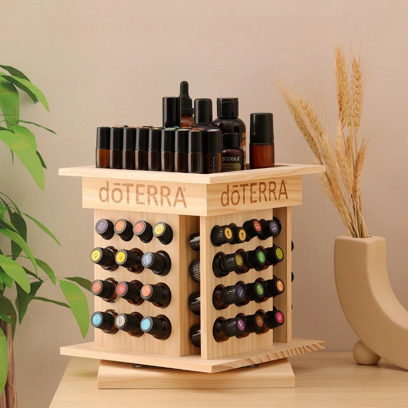 Solid Wood Essential Oil Display Rack Rotating Organizer Stand Desktop 52 Grid Essential Oil Bottle Storage Display Boxes