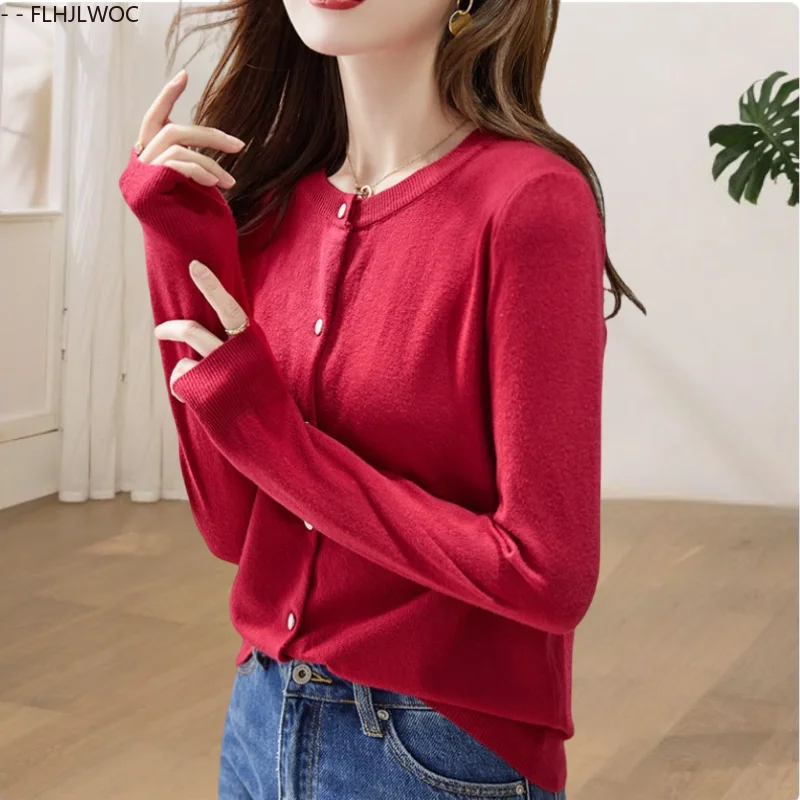 

Thin Outerwear Cardigans 2025 Autumn Winter Basics Top Sweaters Women Long Sleeve Solid Button Knitted Short Coats Cardigans