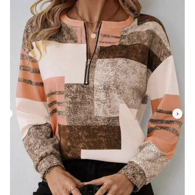 Felpa casual da donna Fashin Griglia geometrica cuciture Manica lunga O-Collo Pullover con cerniera Autunno Inverno Top Felpa da donna