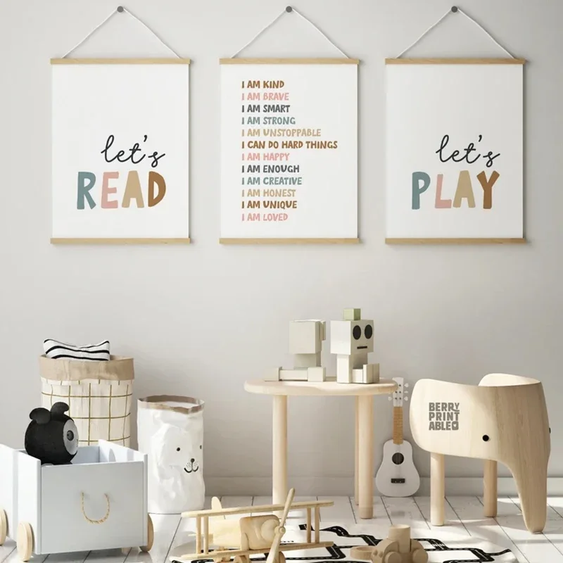 Neutral Playroom Kids Positive Affirmations Poster Let's Play Together Read Together Nursery Canvas Painting Wall Art