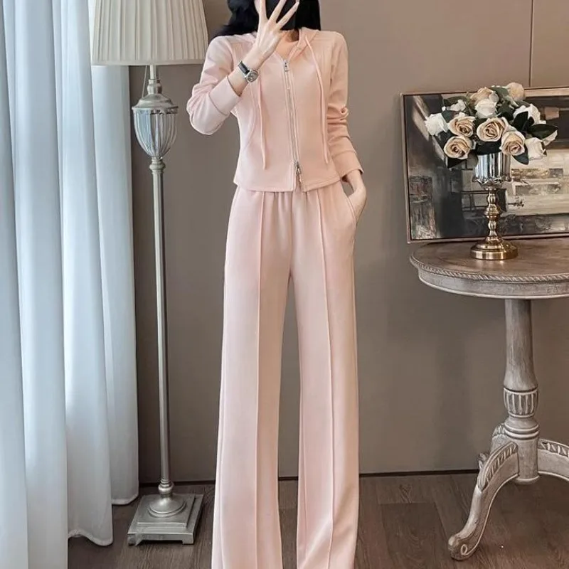 Leisure Sports Suit Women's 2025 Spring and Autumn New Fashion Hooded Cardigan Sweater and Wide-footed pants 2 Two piece Sets