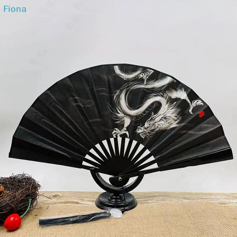 ✔Black Silk Folding Fan with Ink White Dragon Pattern, Chinese Style Hand Fan for Cosplay, Home Decor & Performance