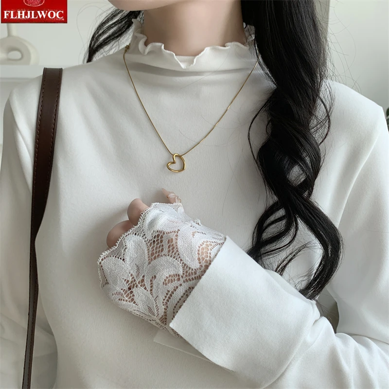 Mezza dolcevita Tees Top bianchi New Fashion Donna Manica lunga Casual Patchwork Pizzo bianco Solido Ragazze carine Corea Nozioni di base T-shirt