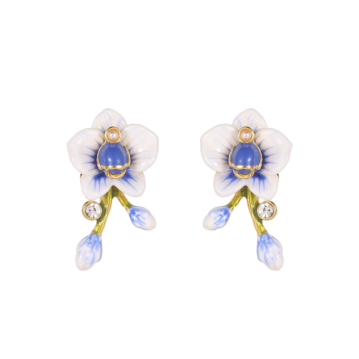 Original new design enamel glaze orchid earrings fresh temperament simple hand-painted pink and blue flower gold-plated jewelry.