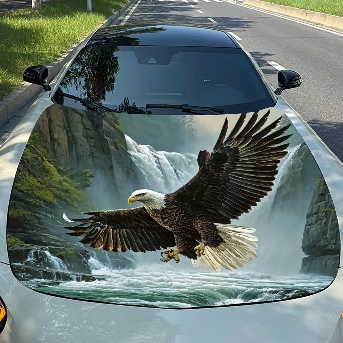 

The Eagle Flying On The Waterfall Car Hood Wrap - Self-Adhesive Waterproof Scratch-Resistant Vinyl Decal, Durable PVC Car Hood S