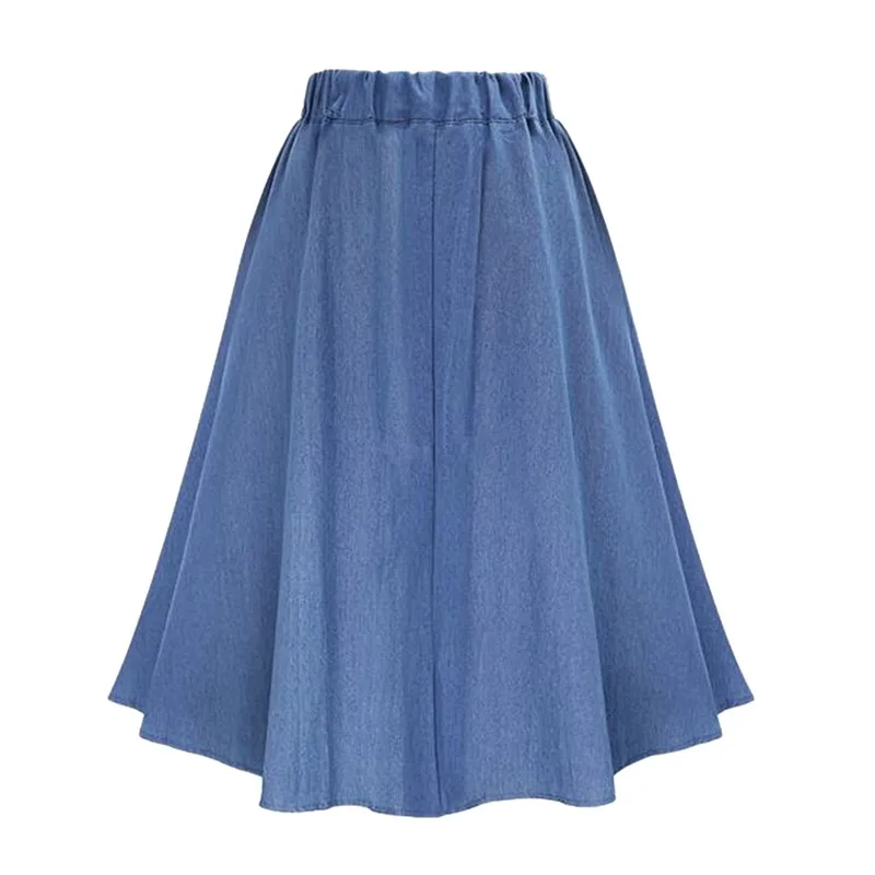 Women\'s High Waist Button Pleated Midi Skirt With Elastic Waist Midi Denim Skirt Button Front Loose Skirts