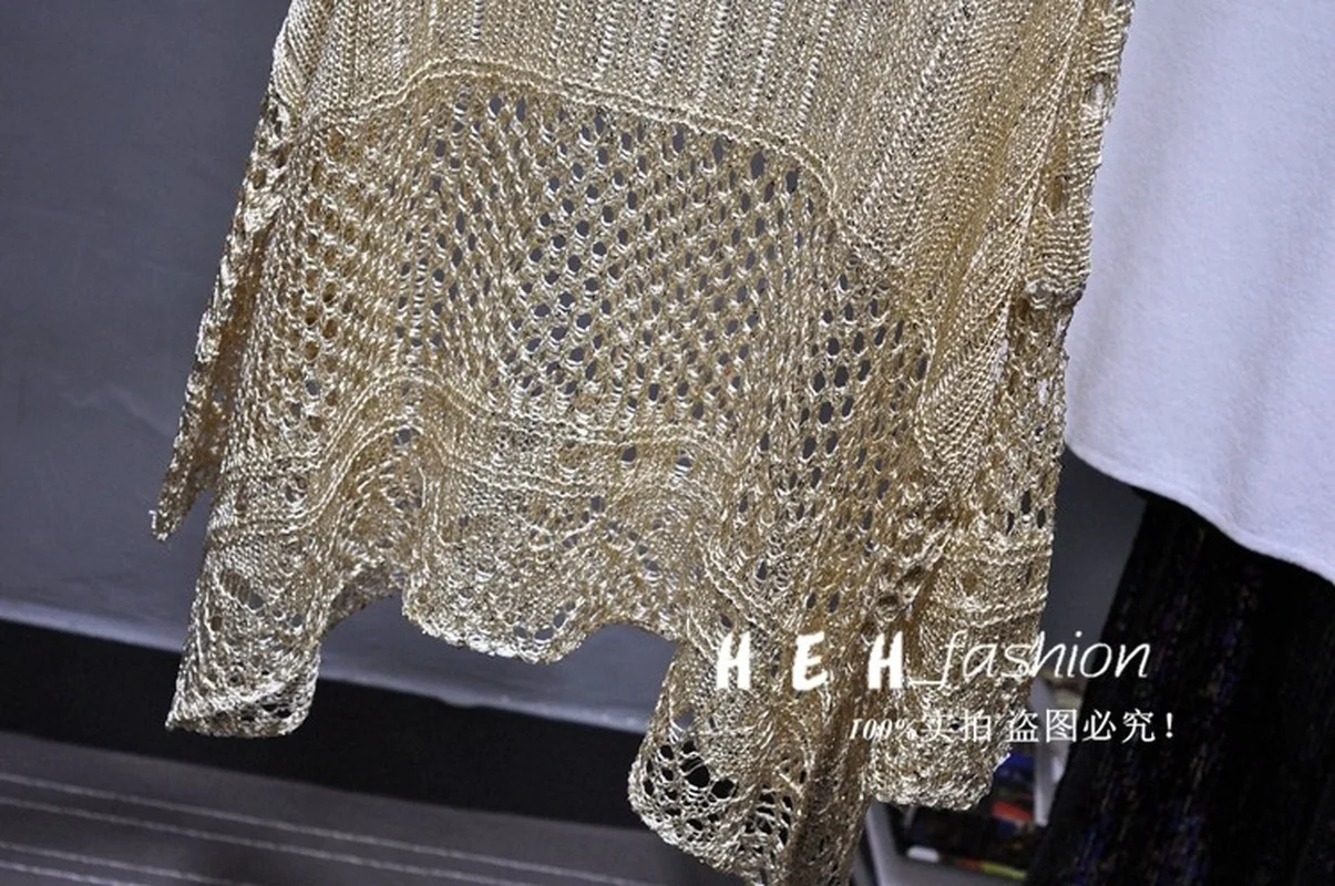 Spring 2023 New Hollow Sequined Blouse Mid-length Knitted Sweater GoldThread Bright Silk Sunscreen Shirt