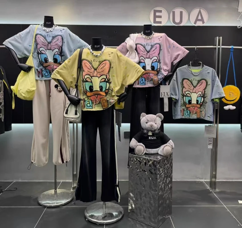 Spring 2025 New Light Blue Tshirts Loose Heavy Industry Nostalgic Short Sleeves T-Shirt Top Women's Casual Y2k Tees Pullovers