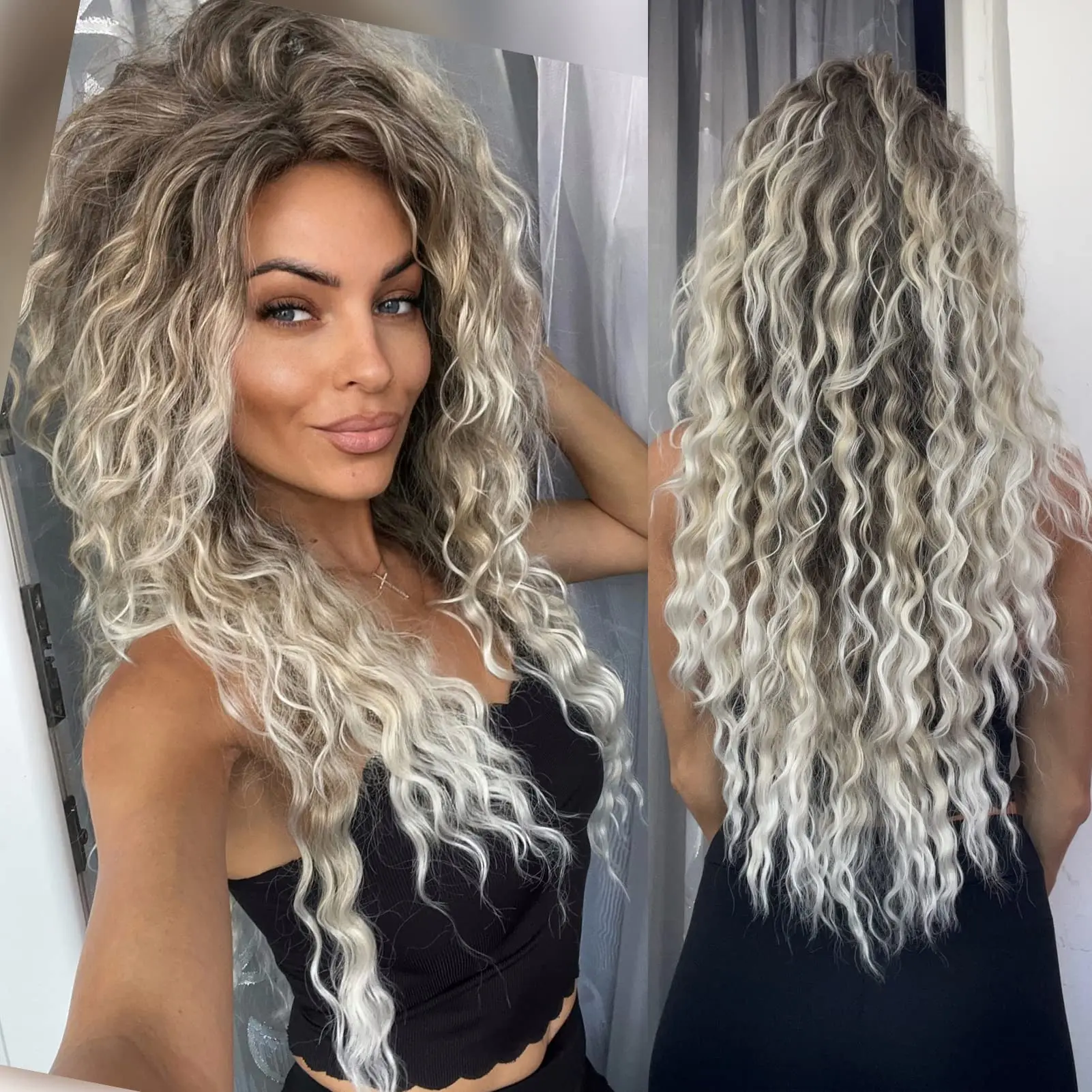 Ombre Ash Blonde Long Water Wave Natural Looking Dark Roots Syntetyczne peruki dla kobiet 80s Halloween Carnival Party Peruka 28 cali