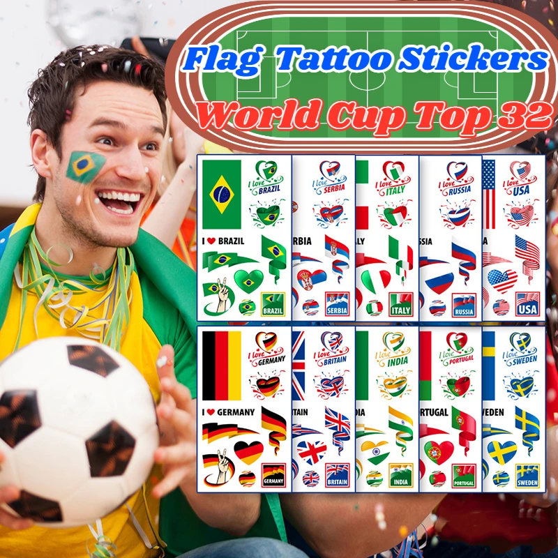 2PCS National Flag Tattoo Stickers world football Top 32 National Flag Marathon Games Fans Party Temporary Stickers