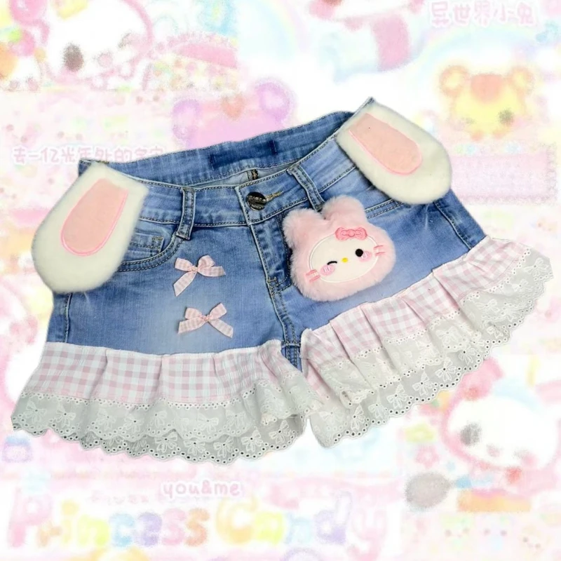 

Y2K Vintage Spice Girls Cute Two-dimensional Pink Plaid Rabbit Ears Stitching Lace Denim Shorts Retro Sweet Cowboy Short Pants
