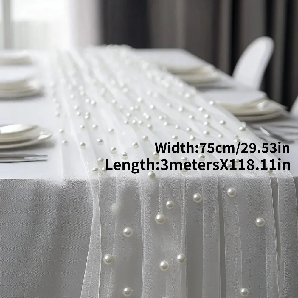 1PC 75CMx3Meters Wedding Peral Tulle Table Runner Sheer Voile Dining Table Decoration for Wedding Engagement Anniversary