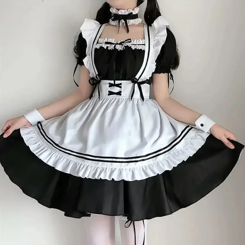 Traje de empregada Kawaii para meninas, Lolita Cosplay, bonito vestido Anime, menina japonesa, manga curta, avental com babados, terno colegial