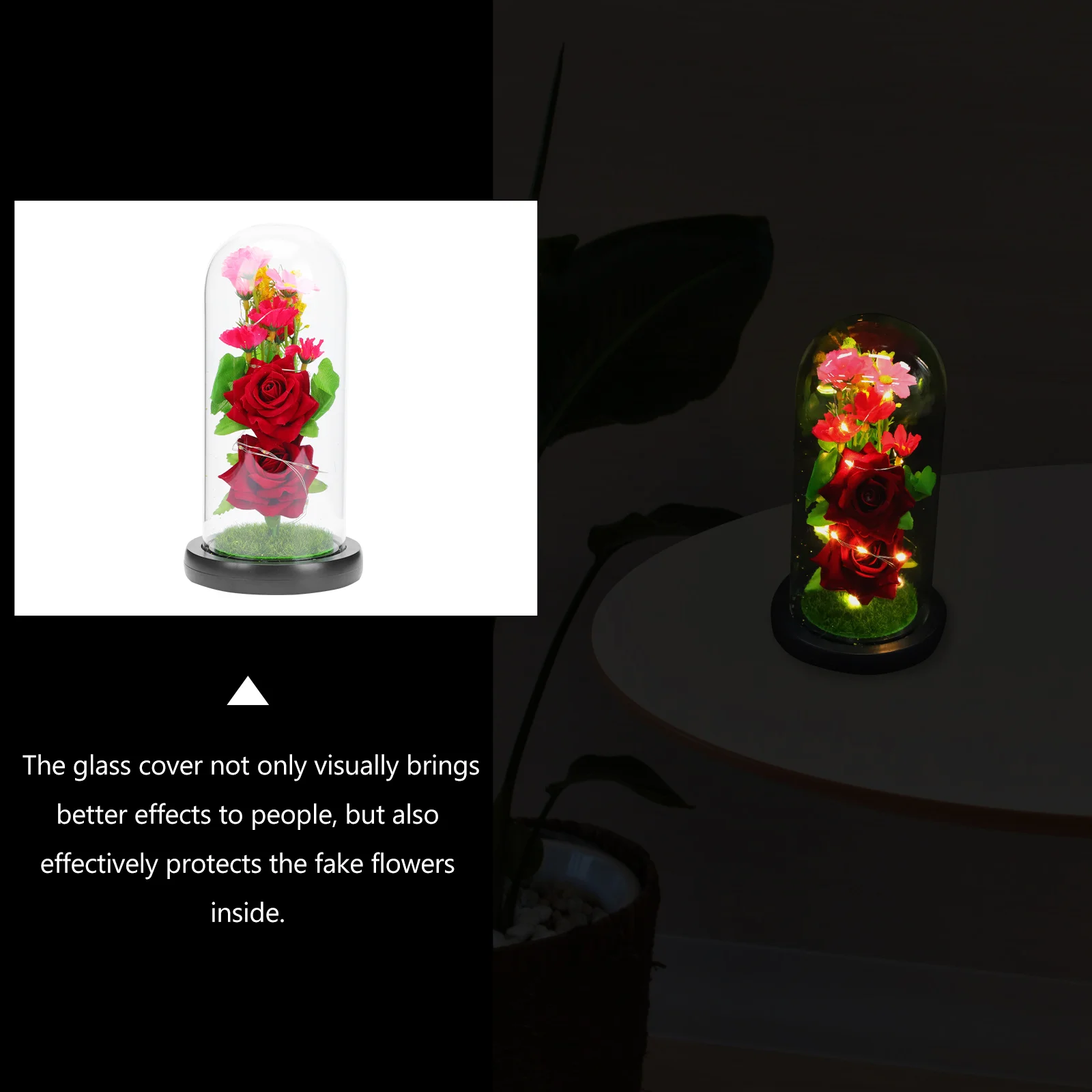 

1Pcs LED Night Light Chic Fake Flower Decor with Wooden Base and Glass Cover Delicate Lighting Ornament for Festival Home