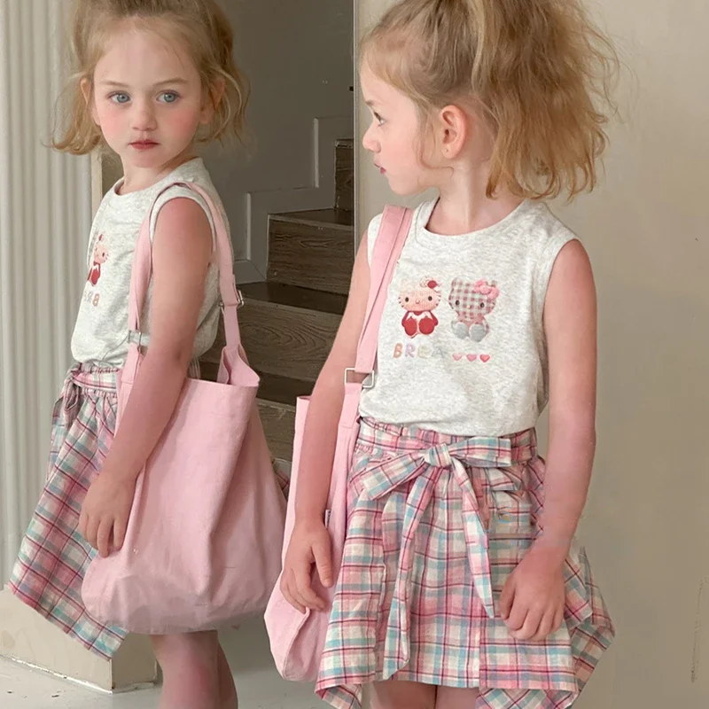 Summer Baby Cartoon Cat Print Sleeveless Top Plait Pantskirt Sets Girls Fashion Clothes Set