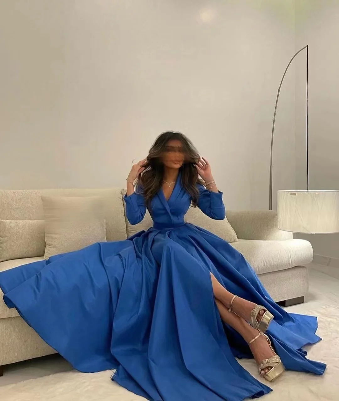 

AsaNagi Blue Evening Satin Long Prom Dresses V Neck Three Quarter Women Floor Length Ball Gown Party Dress 2023