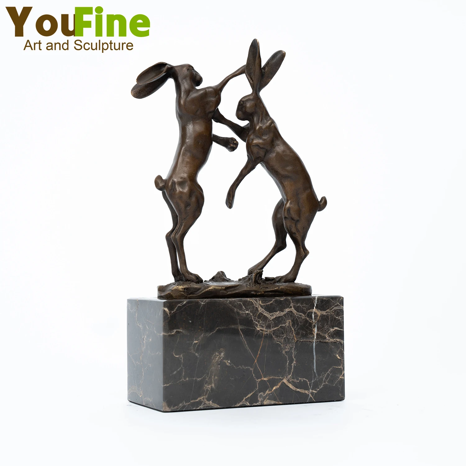 Bronze Rabbit Statue Bronze Boxing Rabbits Sculpture Vintage Hare Figurines With Marble Base Cute Ornament Home Decor Crafts