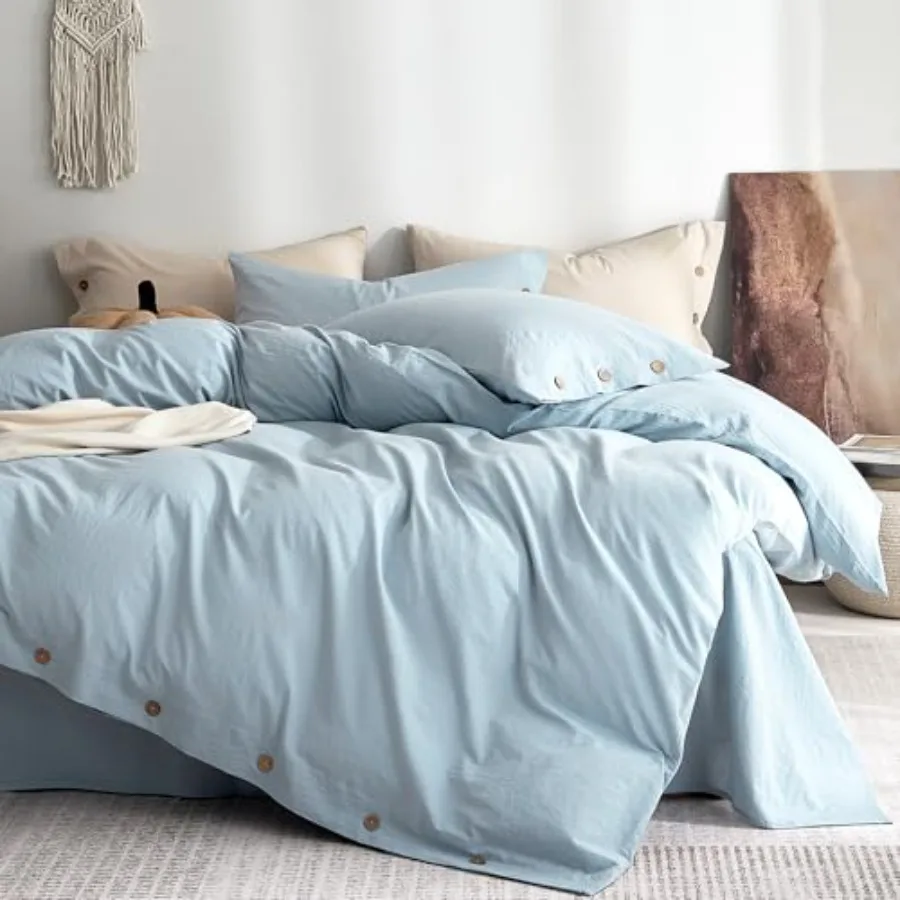 

100% Washed Cotton Duvet Cover Twin Soft, Breathable Linen-Look Bedding with Natural Wrinkle Texture, Button Closure, 2-Piece S