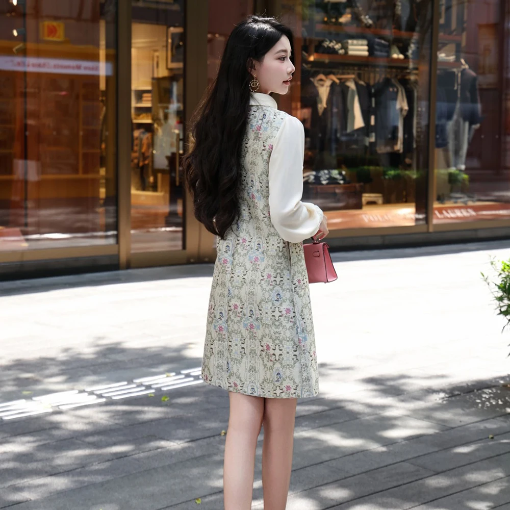 ZJYT Herfst Nieuwe Vrouwen Lange Mouw Bloemen Jacquard Jurk Vintage Turn Down Kraag Casual Knielengte Jurk Vestidos Vrouwelijke 2025