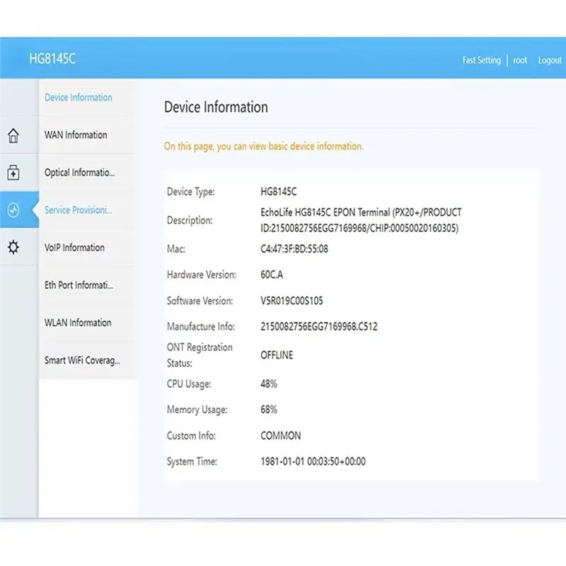 B50B-GPON ONU HG8145C For ONT Termianl With 4FE+Voice+Wifi English Software
