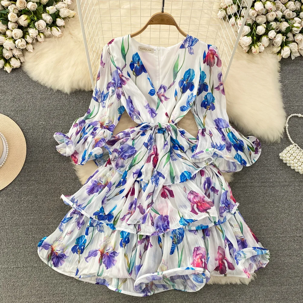 

Summer Women Beach Dress Fashion V-neck Lace-up Floral Print Chiffon Tiered Dresses European Style Flare Sleeve Vestidos