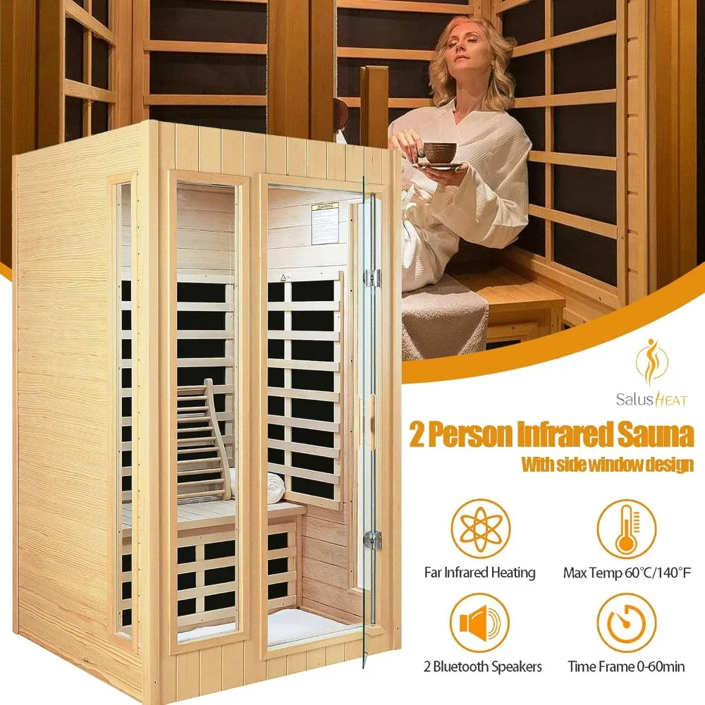 2 Person Sauna,Low EMF Far Infrared Sauna, 1500W Hemlock Wood Sauna Indoor Sauna Infrared Sauna for Home with Bluetooth Speakers