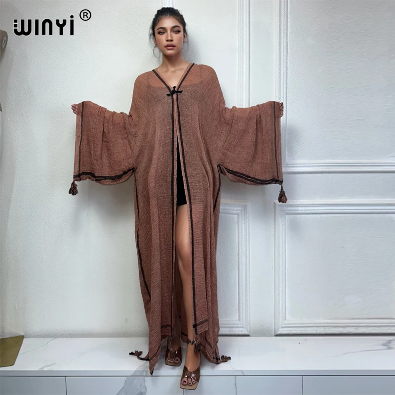 WINYI letnie Retro farbowane kimono okrycie plażowe kostium kąpielowy elegancka afrykańska sweter damski boho seksowna wakacyjna sukienka plażowa