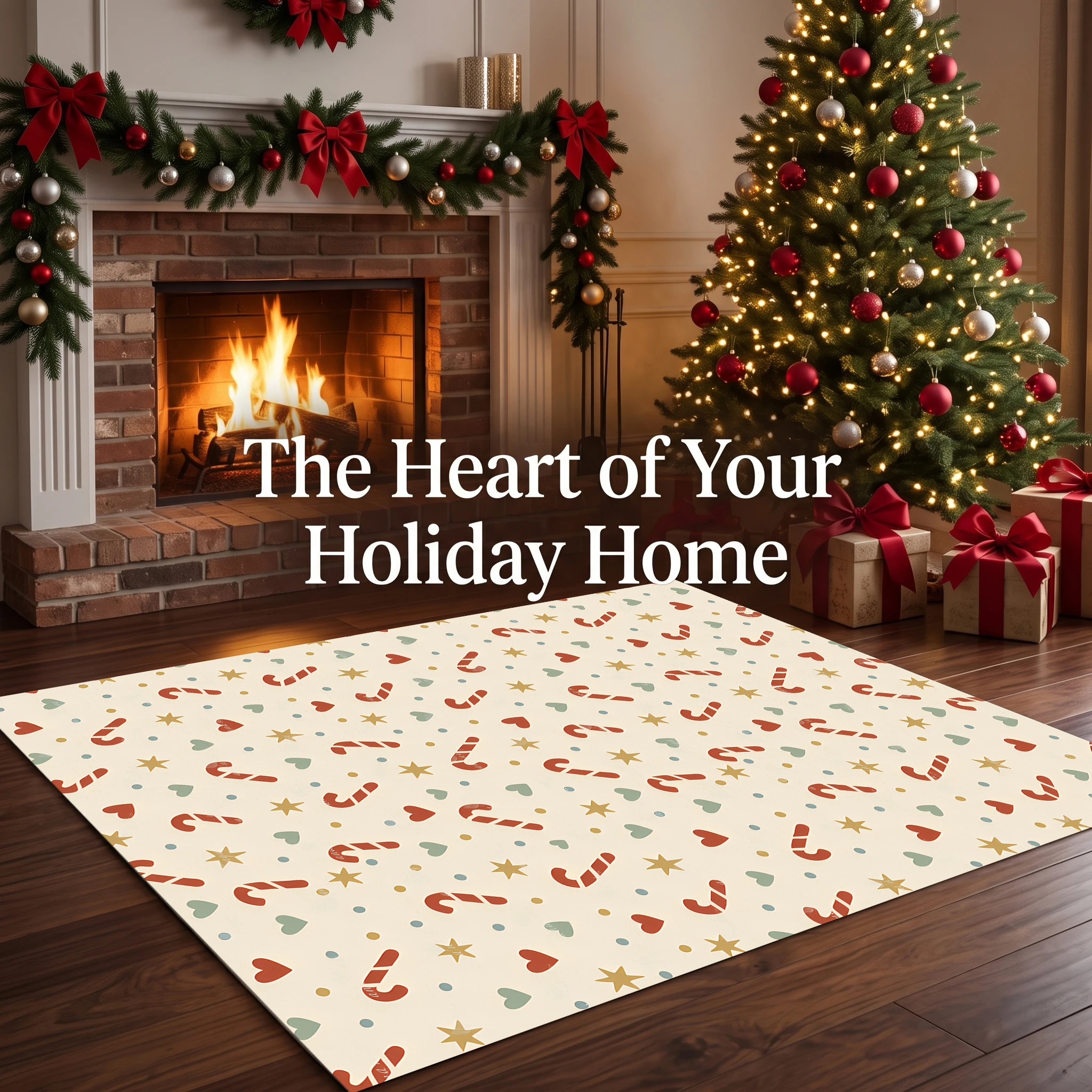 Vintage Christmas Floral Border Velvet Area Rug, for Living Room Bedroom, Autumn Winter Warm Decor