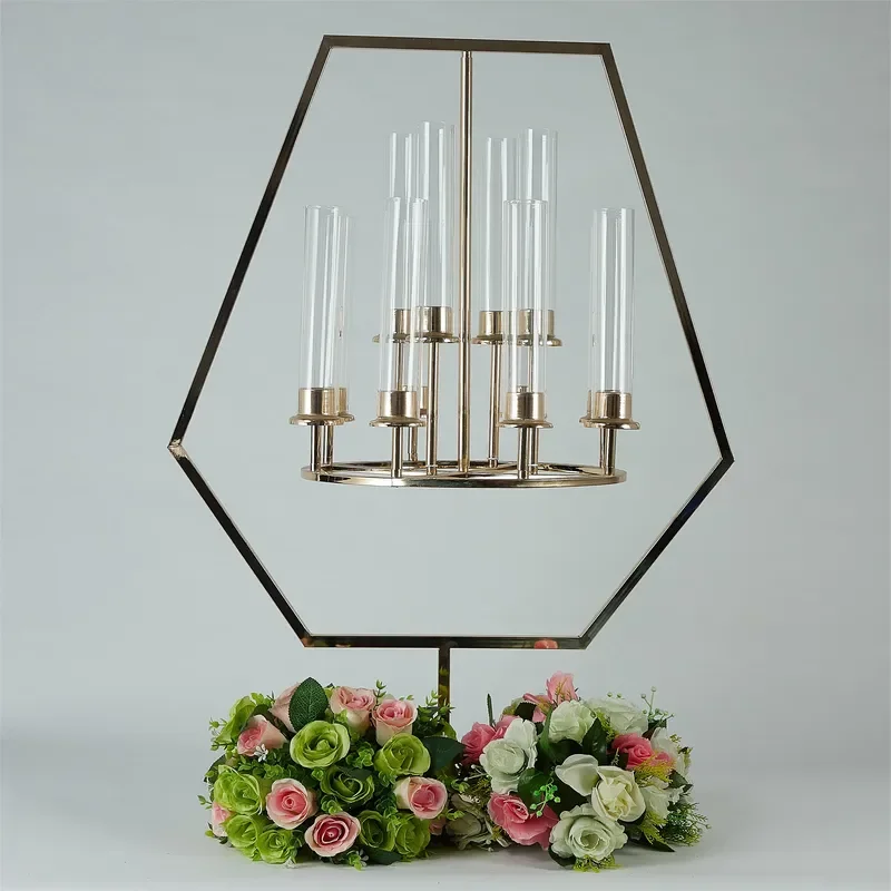 Zhuoyun high quality gold metal hexagonal candle holder wedding decoration center candle holder iron material