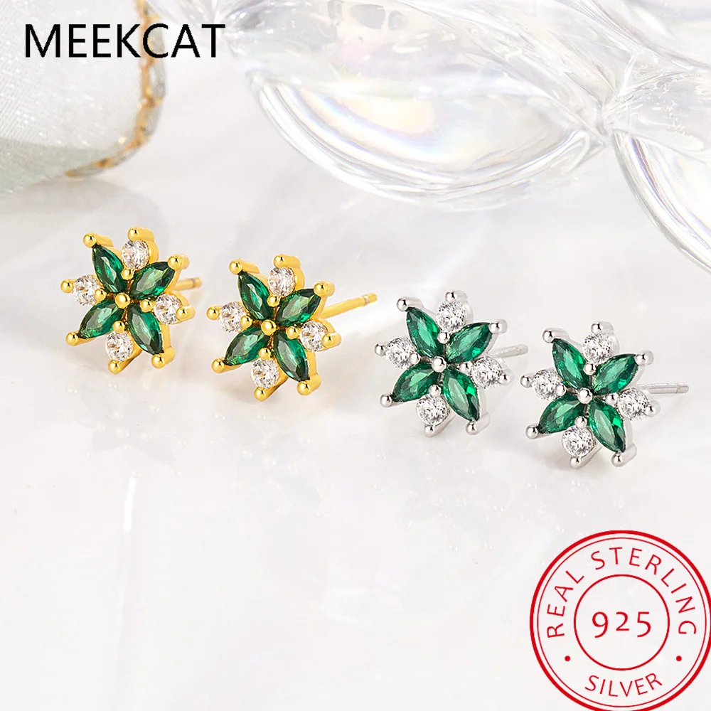 Flower Cross Simulated Nano Emerald 925 Sterling Silver Stud Earrings for Woman Statement Green Gemstone Jewelry Birthday Gift