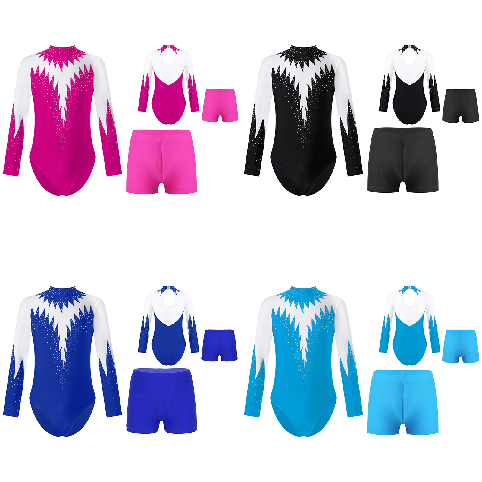 Kids Girls Long Sleeve Ballet Dance Leotards with Shorts Shiny Rhinestone Yoga Bodysuits Children's Figure Skating Jumpsuit